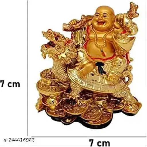 Polyresin laughing Buddha statue with coins on dragon, enhances prosperity & wealth at home or office, 7 cm tall
