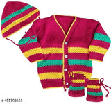 Colorblocked woolen baby sweater cap booties set for unisex winter wear, suitable for 12-18 months and 18-24 months, made in India