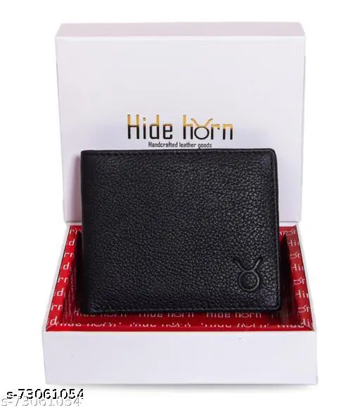Black leather bi-fold men's wallet, RFID protected with 4 card slots, 2 hidden slots, ID window, 2 cash compartments, coin pocket. Made in India