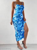 Sleeveless printed net Lycra dress, trendy women's fashion from India
