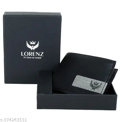 Gray faux leather Lorenz BiFold Wallet for Men, features 3 card slots, 2 note compartments, secret pockets & coin compartment. Exclusively stylish accessory from India