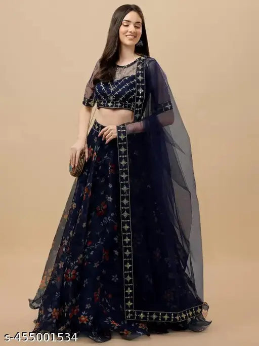 Elegant organza printed lehenga choli with floral embroidery, semi-stitched (Waist 42in, Length 42in, Dupatta 70in). Indian georgette fabric