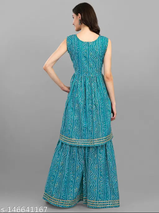 Women's cotton bandhani Kurta Sets, sleeveless and vibrant, showcasing traditional Indian design