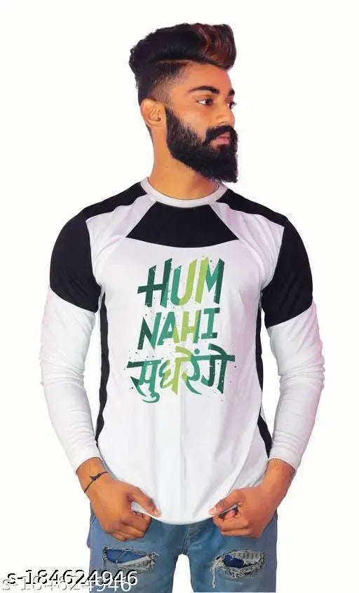 Hum Nahi Sudhrenge long-sleeve cotton blend t-shirt, printed net design. Ideal for weekends, 100% Bio wash PolyCotton fabric, India origin