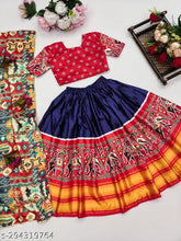 Printed acrylic lehengha choli for kids aged 5-10 years, featuring Ikat design on satin fabric dupatta and short sleeves
