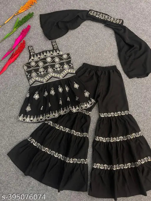 Embroidered A-line crepe top and sharara set, Stylesh kids girls fashionable 7-8 Years (sizes: 23in/30in), Indian embroidery on display