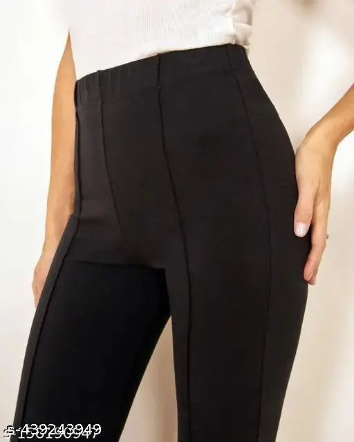 Black polyester blend high-waist bell-bottom trousers for women (38") - formal/casual, solid design, suitable for various occasions