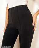 Black polyester blend high-waist bell-bottom trousers for women (38") - formal/casual, solid design, suitable for various occasions