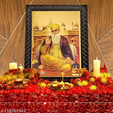 Gold-plated wooden Guru Nanak photo, 14x10 inch for home office or puja ghar, Indian origin