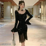 Embellished velvet long-sleeve dress, XS to XXL sizes, Indian origin