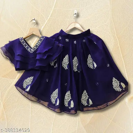 Nirmaan Kids Girls party wear, stylish embroidered Lehenga Choli in poly georgette and georgette, short-sleeved, suitable for 2-8 years old celebrations like weddings, ceremonies, parties, birthdays, festivals. India origin