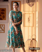 Brown Georgette Maxi Dress with Bluish Cyan Print, size S (36in bust, 46in length)