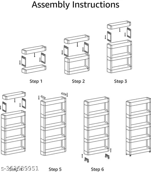 White plastic multipurpose kitchen trolley with five tier slim storage racks and wheels, ideal for organizing kitchenware or household items like beverages, oil tins, cleaning supplies, and more