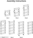 White plastic multipurpose kitchen trolley with five tier slim storage racks and wheels, ideal for organizing kitchenware or household items like beverages, oil tins, cleaning supplies, and more