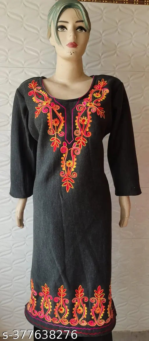 Black woolen Aari thread work women's kurti, full-length three-quarter sleeves with embroidered neck and border