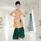 Poly Silk Kurta SHARARA set for kids and girls. Traditional Indian attire with dupatta, excellent zari work, suitable for all seasons. Girls wearing the HAYAT FASHIONS dress
