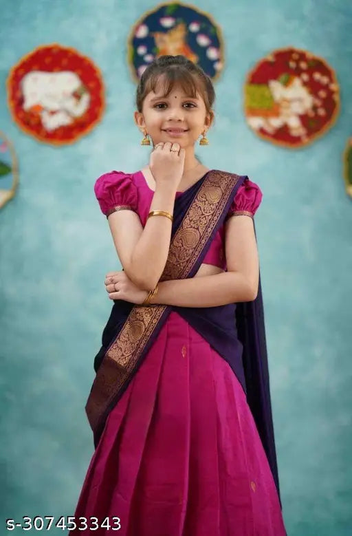 Pink art silk lehenga & dupatta for kids, traditional South Indian design with short sleeves, knife-pleated skirt and zari woven pattern