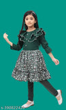 Kids girls printed crepe frock with leggings set, knee length, three-quarter sleeves - Indian party wear for 4-11 year olds