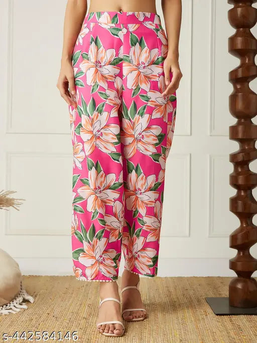 Printed CoOrds Set for Women, green/rust/pink/yellow poly-blend floral lace V-neck kurta with palazzos, ideal for various occasions, size S to XXL