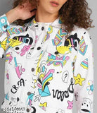 Denim printed net funky jacket for women, stylish long sleeves, size S (34in bust, 17in length)