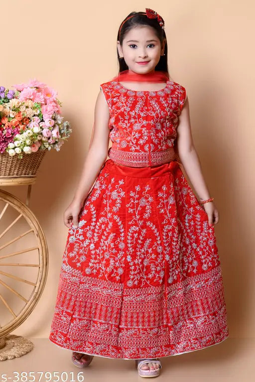 Embroidered velvet lehenga & choli set with net dupatta, long sleeves, self-design, unstitched. Indian traditional wear for girls aged 3-16 years