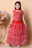 Embroidered velvet lehenga & choli set with net dupatta, long sleeves, self-design, unstitched. Indian traditional wear for girls aged 3-16 years