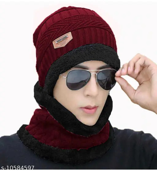 Maroon wool skull cap & scarf with grey border, unisex, handcrafted Indian wool accessory
