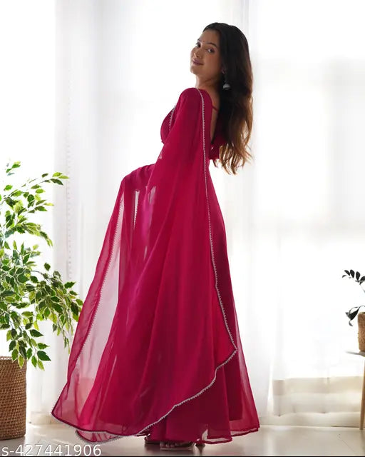 Golden Georgette Raksha Bandhan Party Dress, padded yoke neck, micro cotton inner, lace work dupatta