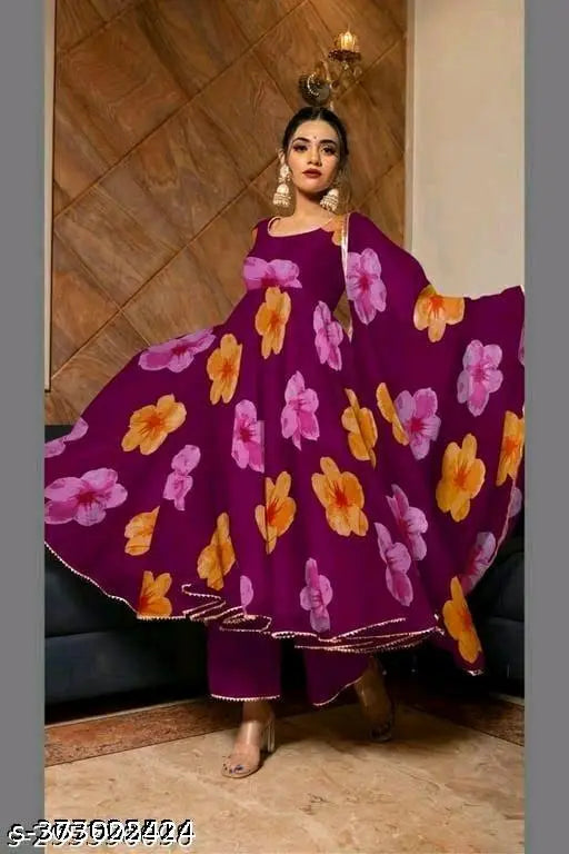 Georgette printed net women's gown, trendy and graceful, size S (36in bust, 10in length)