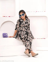 7-12 Years Girl's Cotton Moss Print Coord Set - Kurta with Bottomwear & Headband, India