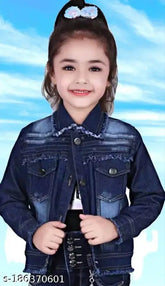 Light blue denim 3patti jacket for kids (sizes: 5-6yrs, 7-8yrs, 8-9yrs, 9-10yrs, 10-11yrs), dyed/washed pattern on display rack