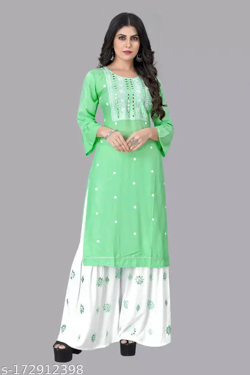 Pista color embroidered rayon kurti with sharara set, three-quarter sleeves for women and girls, India origin