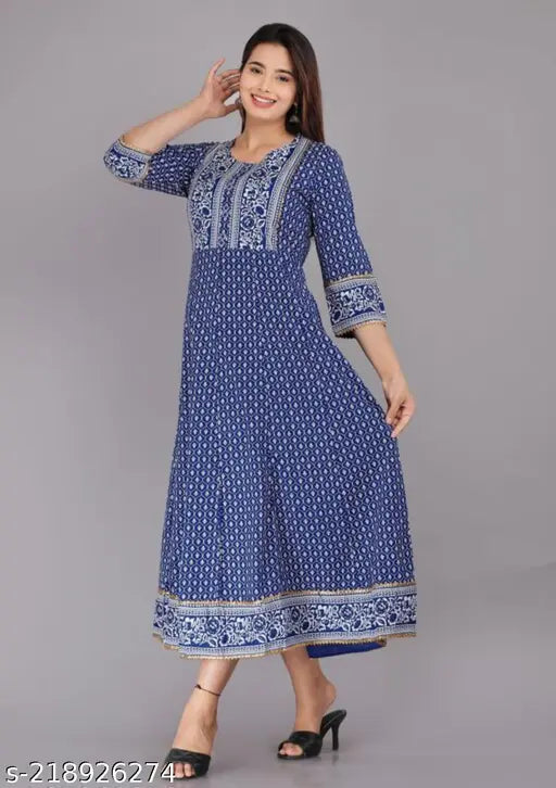 Royal blue printed rayon kurtis with three-quarter sleeves, vibrant floral print, Indian origin