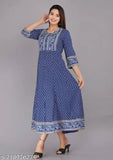 Royal blue printed rayon kurtis with three-quarter sleeves, vibrant floral print, Indian origin