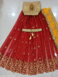 Red Indian culture embroidered organza checks Lehenga Choli & dupatta set, unstitched (Lehenga waist size: 41 in, Lehenga length size: 42 in, Duppatta length size: 2.4 in) - Mirror work, silk top, organza bottom, net dupatta, gold blouse piece and embellished belt included. Indian made