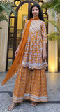 Mustard rayon kurta sharara set with dupatta and bottomwear, three-quarter sleeves printed design, stitched net, single size, Indian ethnic fashion