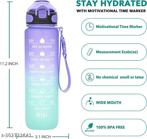 Multicolor BPA-free Tritan plastic motivational water bottle, 1 liter, leakproof with time markings and straw, ideal for office, gym, sports