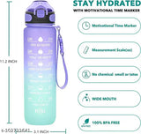 Multicolor BPA-free Tritan plastic motivational water bottle, 1 liter, leakproof with time markings and straw, ideal for office, gym, sports