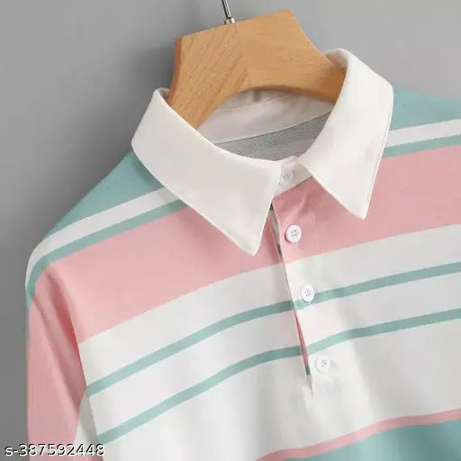 Pink and blue striped Lycra long-sleeve crop top, S - XL for women's fashion