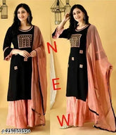 Rayone A-line embroidered long kurti with palazzos and dupatta, rayon material in three-quarter sleeves style for women's fashion set, India origin