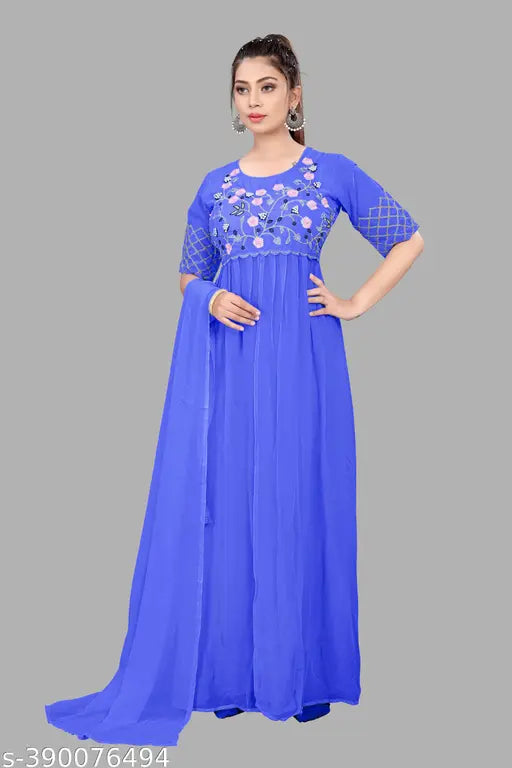 Indian silk gown set with dupatta, featuring three-quarter sleeves and georgette fabric. Handwork embroidered, fancy style design suitable for western wear." (118 characters)