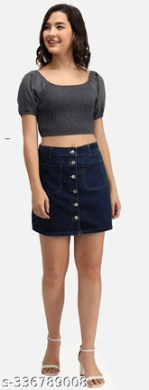 Navy Blue Denim Mini Skirt with Front Pocket and Buttoned Straight Cut, lightweight and breathable, women's denim fashion for all seasons