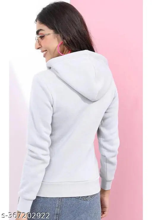 White fleece zipper hoodie for women, solid design with long sleeves on display