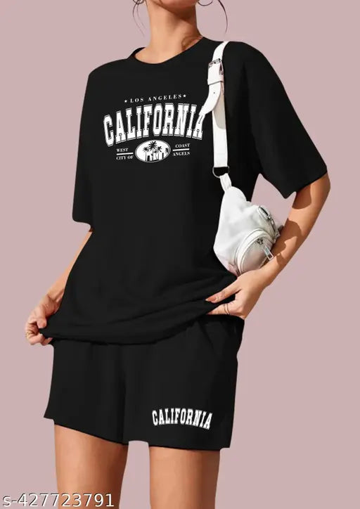 Black cotton printed women's night suit set: T-shirt & shorts, half sleeves, versatile Indian style
