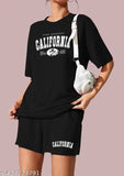 Black cotton printed women's night suit set: T-shirt & shorts, half sleeves, versatile Indian style