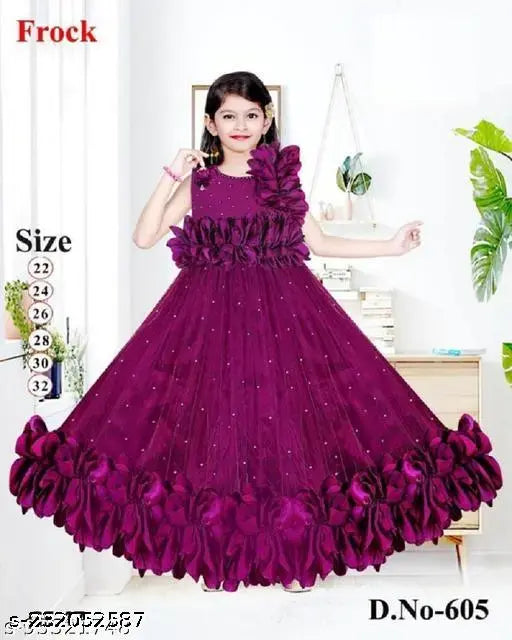 Purple designer net gown for kids parties, embellished and sleeveless, RK Collection