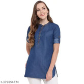 Dark blue denim tunic, three-quarter sleeves for women, stylish Indian fashion