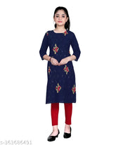 Girls embroidered cotton rayon straight kurta, three-quarter sleeves, 9-10 years size. Indian girls' embroidered traditional top on mannequin