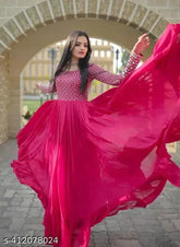 Embroidered Georgette Anarkali Gown, sequin detail, long sleeves, full flare wedding dress from India