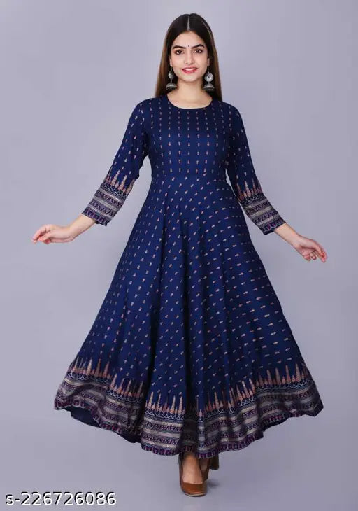 Blue Rayon embroidered kurti with three-quarter sleeves, printed combo design for Indian summer fashion